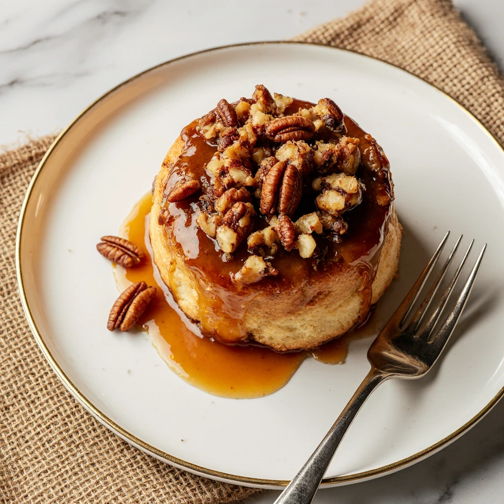 Soft caramel pecan cinnamon rolls with gooey caramel topping and crunchy pecans, served warm on a plate.