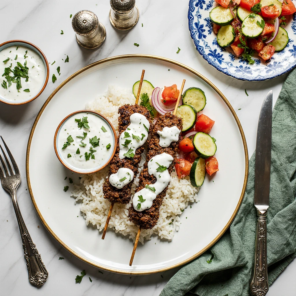 Juicy grilled lamb kebabs served with yogurt sauce and fresh herbs for dinner