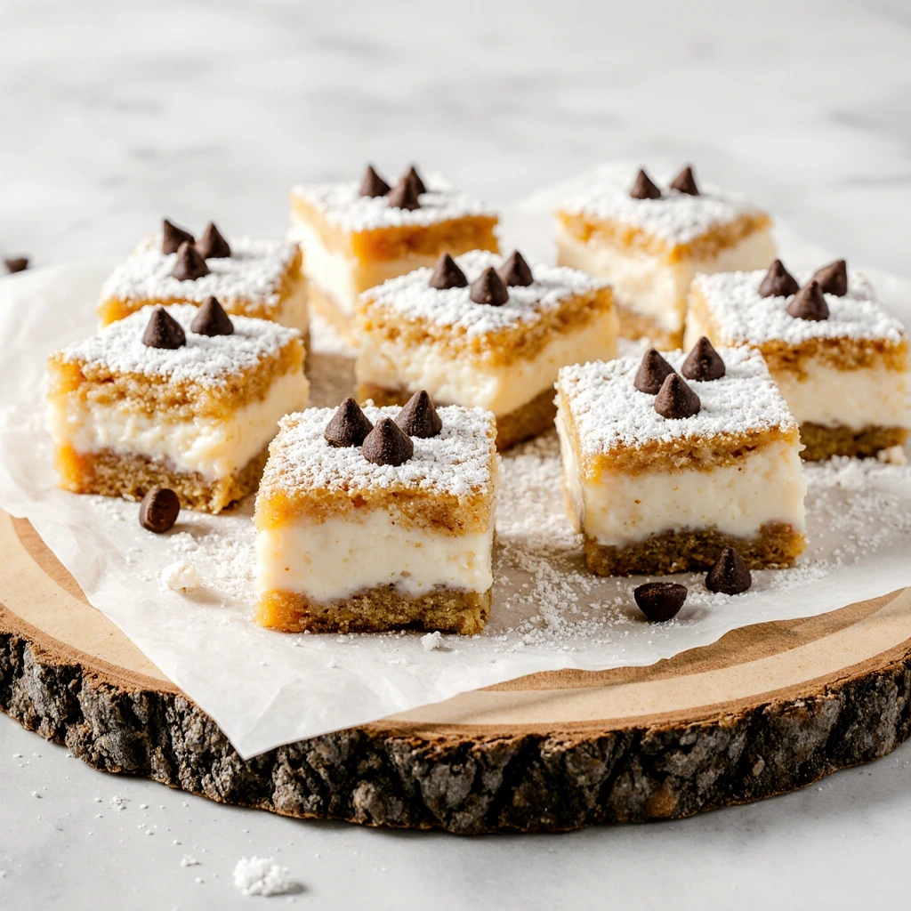 Classic Cannoli Squares dessert with creamy ricotta filling, chocolate chips, and crunchy crust