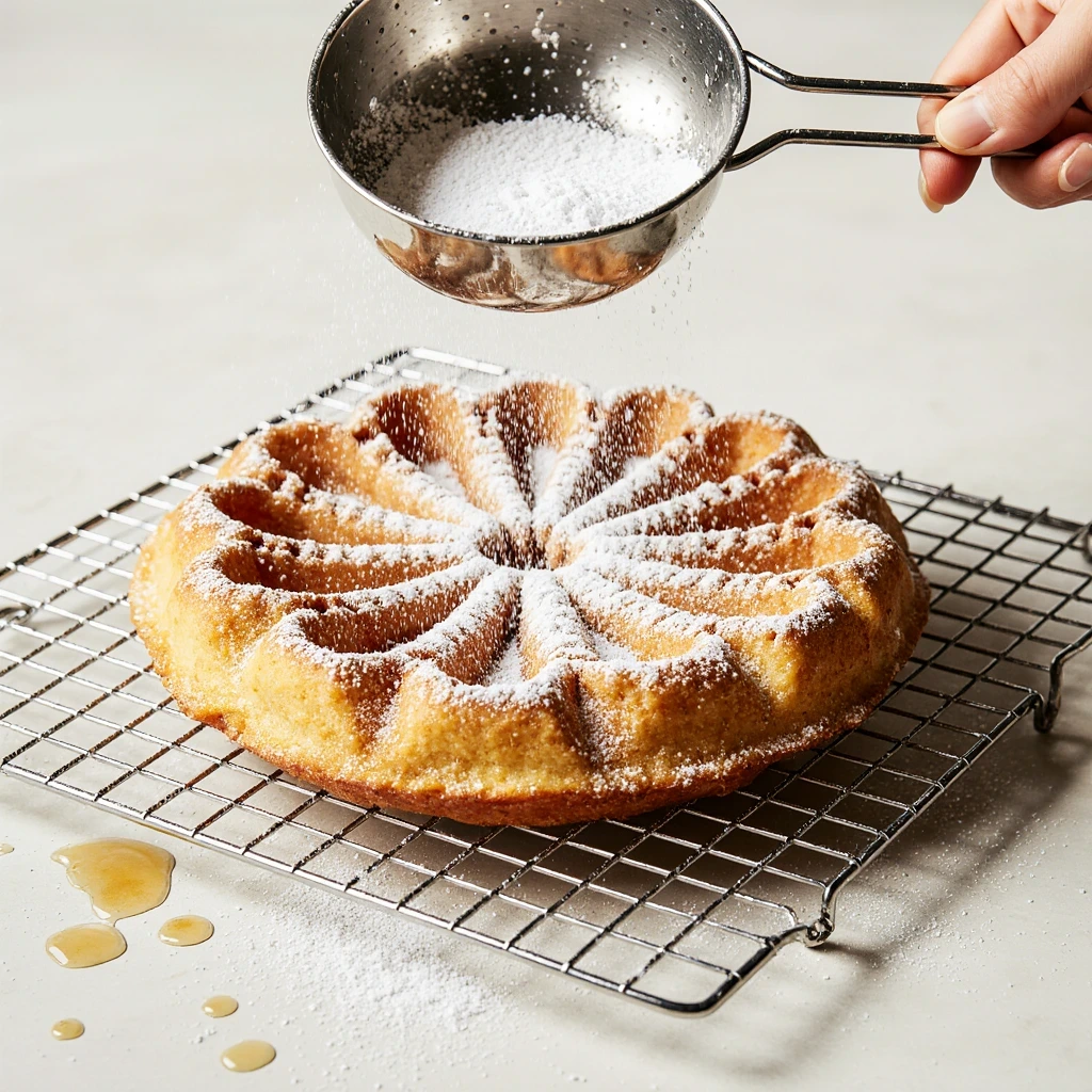 Golden crispy Funnel Cake dusted with powdered sugar, served as a delicious snack or appetizer