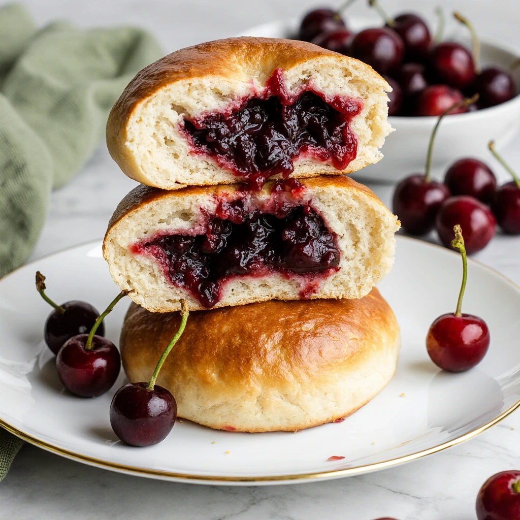 Freshly baked cherry buns with golden brown crust and sweet cherry filling on a plate