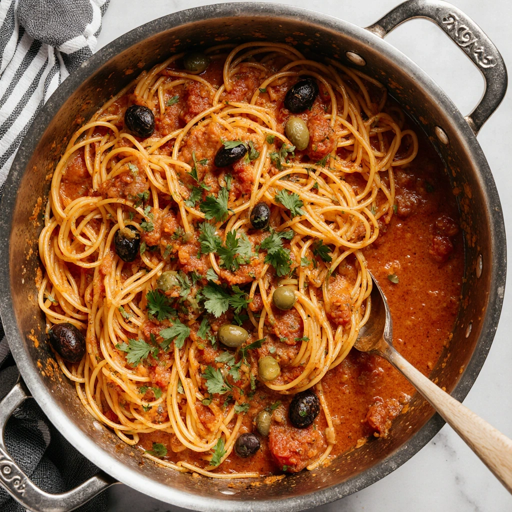 Bowl of Pasta Puttanesca with spaghetti, olives, capers, and tomato sauce served for dinner