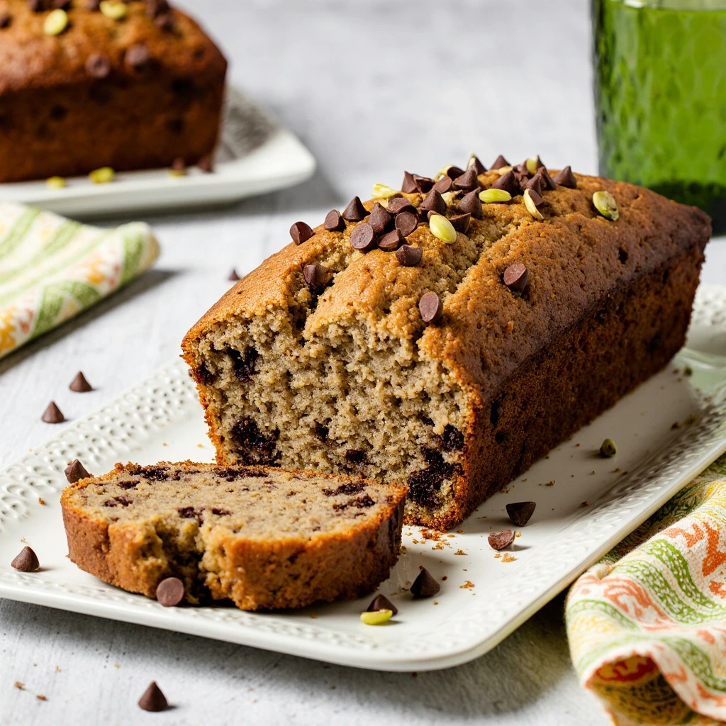 Pistachio Chocolate Chip Banana Bread fresh out of the oven, sliced and ready to serve, showing chocolate chips and chopped pistachios