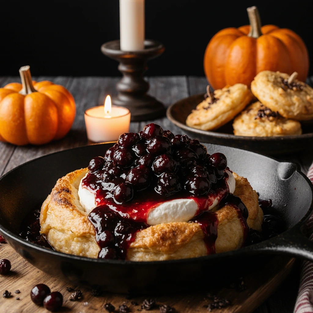 Halloween Red Baked Brie with raspberry jam dripping like spooky blood, served as a Halloween dessert recipe