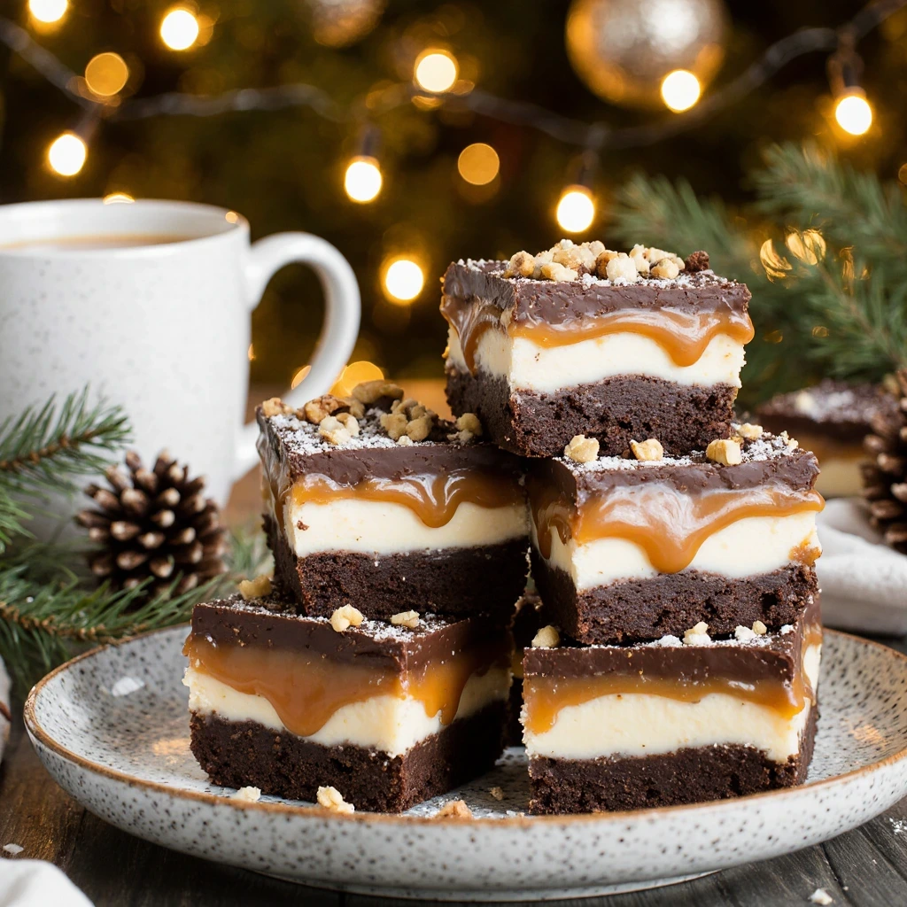 Classic Toffee dessert topped with chocolate and nuts on a holiday tray