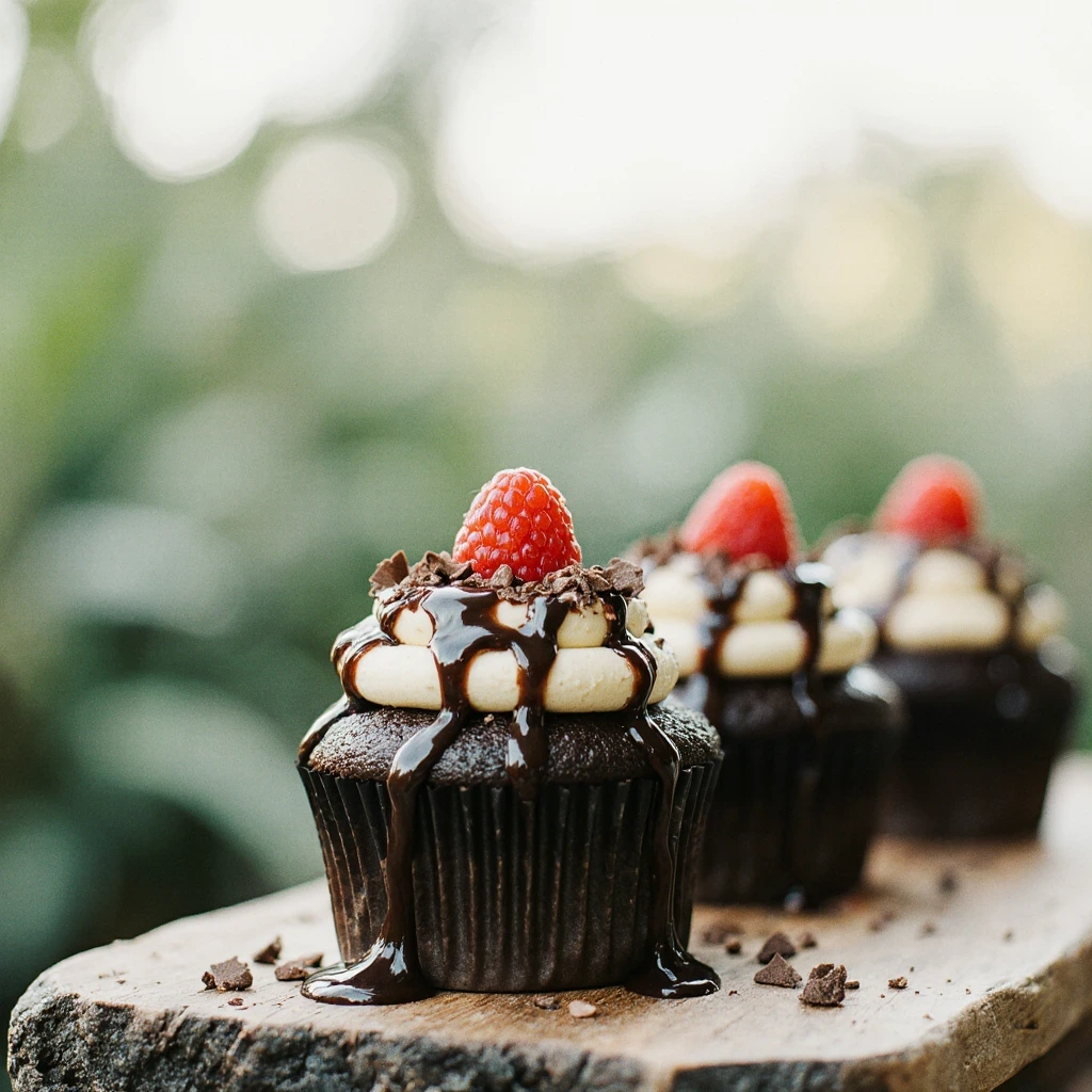 Molten Raspberry Chocolate Cupcakes with gooey chocolate center and fresh raspberries on top