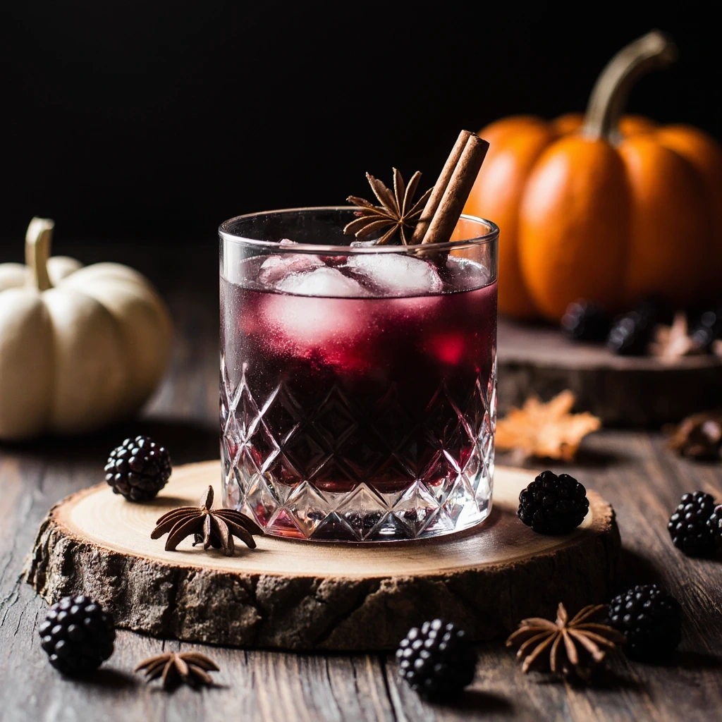 A spooky glass of Poisoned Apple Cider served as a Halloween dessert drink with black coloring, cinnamon, and apple garnish.