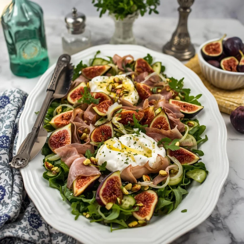 Close-up of a fresh prosciutto fig salad with mixed greens, figs, crumbled cheese, and toasted nuts, showcasing a vibrant dinner salad.