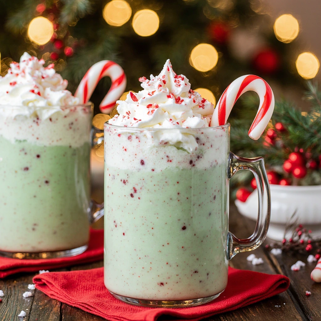 Glass of Peppermint Float with vanilla ice cream, crushed candy canes, and whipped cream, a festive Christmas dessert recipe