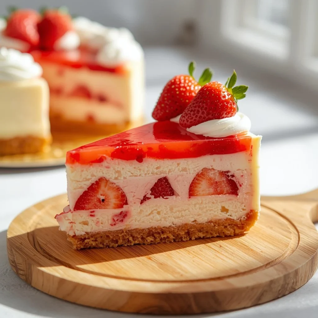 Velvet Strawberry Cheesecake topped with fresh strawberries on a plate