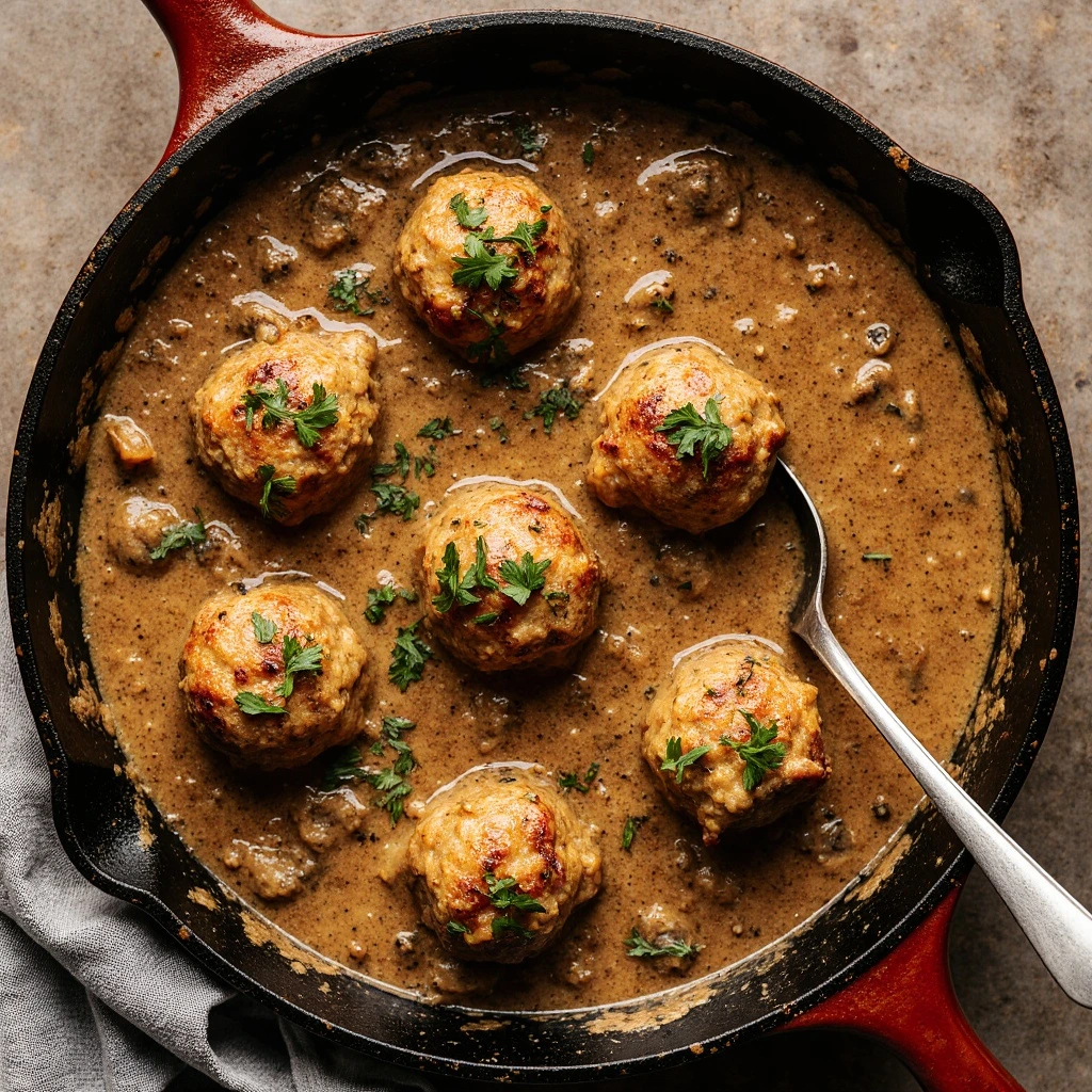 Chicken Fricassée Meatballs in creamy white wine sauce with mushrooms, carrots, and fresh herbs served in a rustic bowl