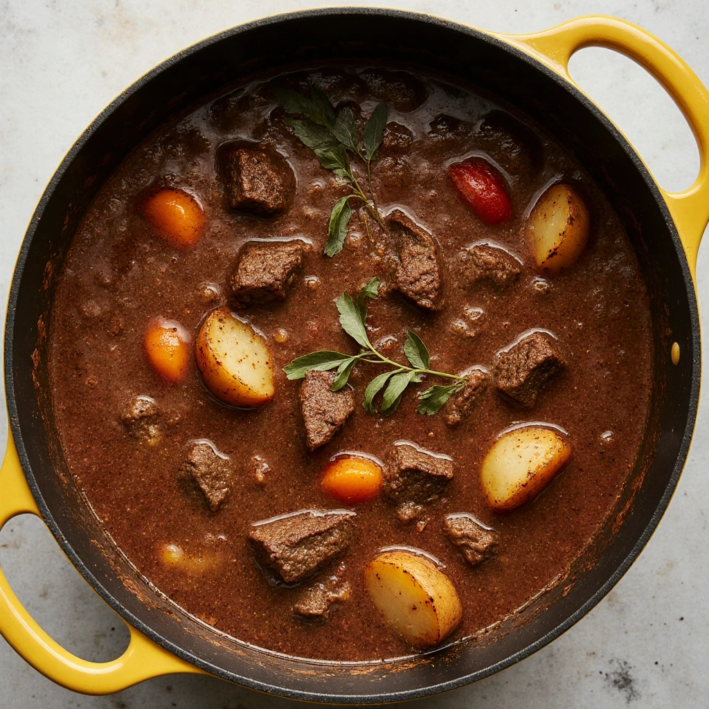 Mechado Filipino beef stew served in white bowl with tender beef chunks, potatoes, carrots, and bell peppers in rich tomato sauce