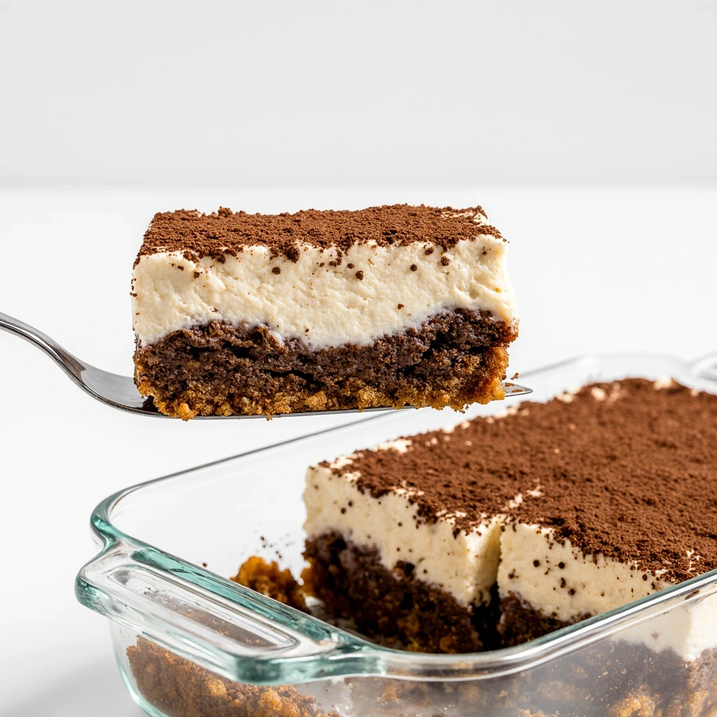 Pumpkin spice tiramisu dessert with cocoa dusting and cinnamon on white plate