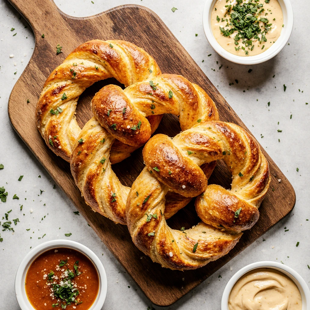 Golden-brown cheese stuffed pretzels with melted cheese filling on wooden board with pretzel salt