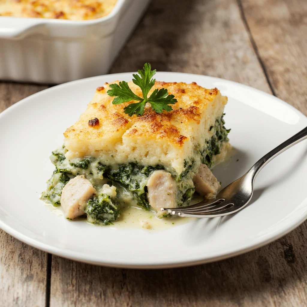 Chicken and spinach casserole with cream cheese in white baking dish with golden melted cheese topping