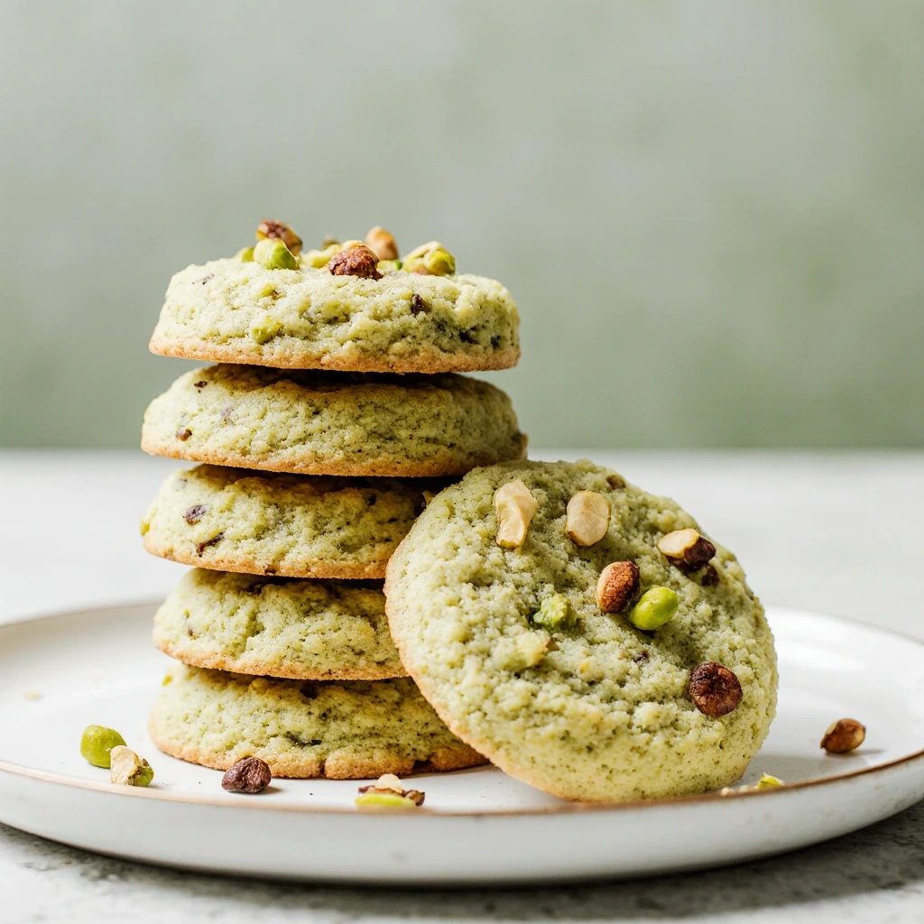 Pistachio wedding cookies ingredients including butter, pistachios, flour, and powdered sugar on marble countertop