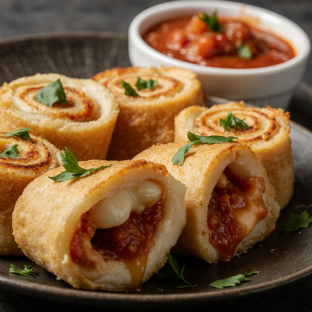 Golden tortilla pizza rolls filled with melted mozzarella cheese, pepperoni, and herbs arranged on a wooden board with dipping sauces.