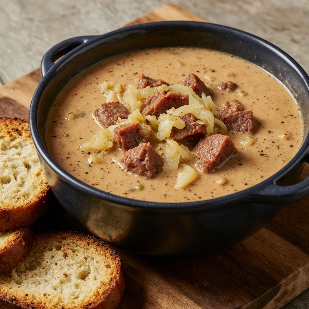 Creamy Reuben soup in a white bowl topped with Swiss cheese, rye croutons, and fresh dill