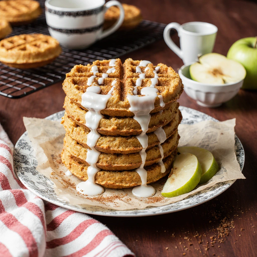 Apple fritter waffle donuts topped with white glaze on a cooling rack