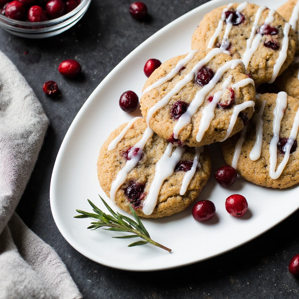 Cranberry Orange Cookies on white plate with fresh cranberries and orange zest for Christmas desserts