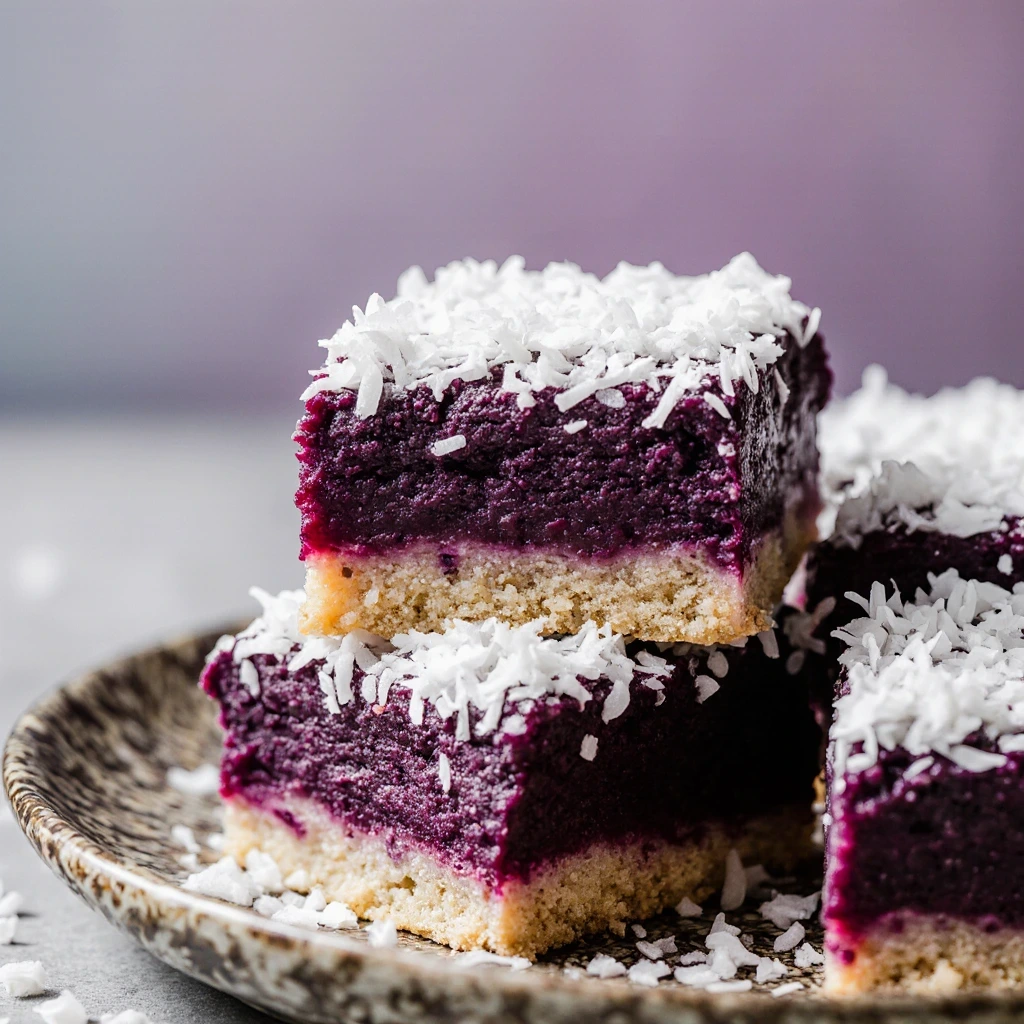 Purple coconut bars with vibrant purple sweet potato filling and toasted coconut topping on white plate