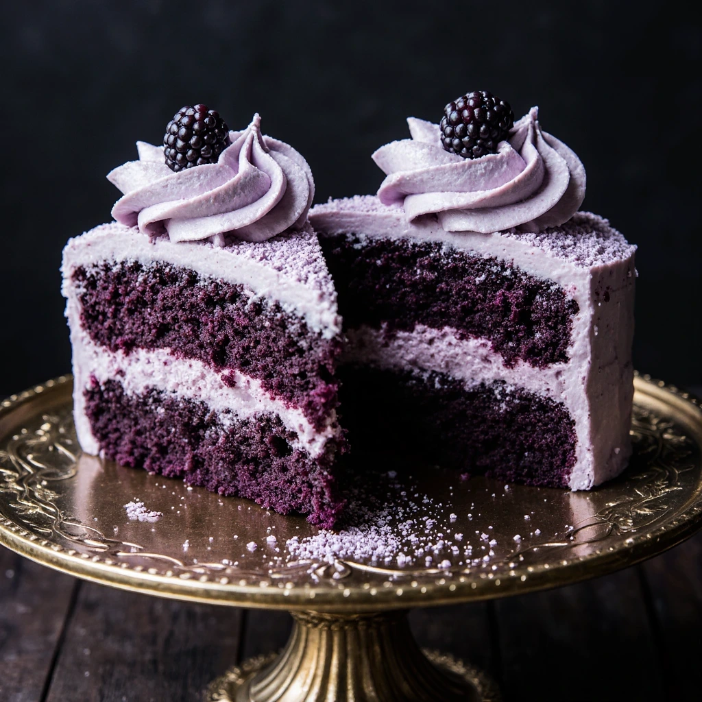 Three-layer blackberry cake with purple frosting topped with fresh blackberries on white cake stand