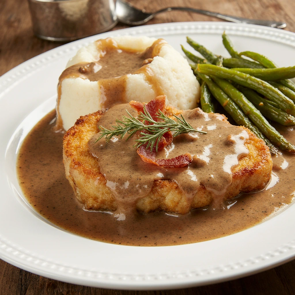Golden crispy fried pork chops with bacon gravy on white plate