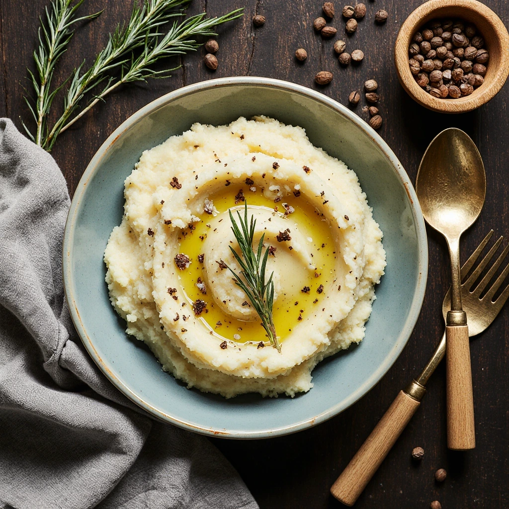 Creamy garlic mashed potatoes with fresh rosemary in a white serving bowl with melted butter on top