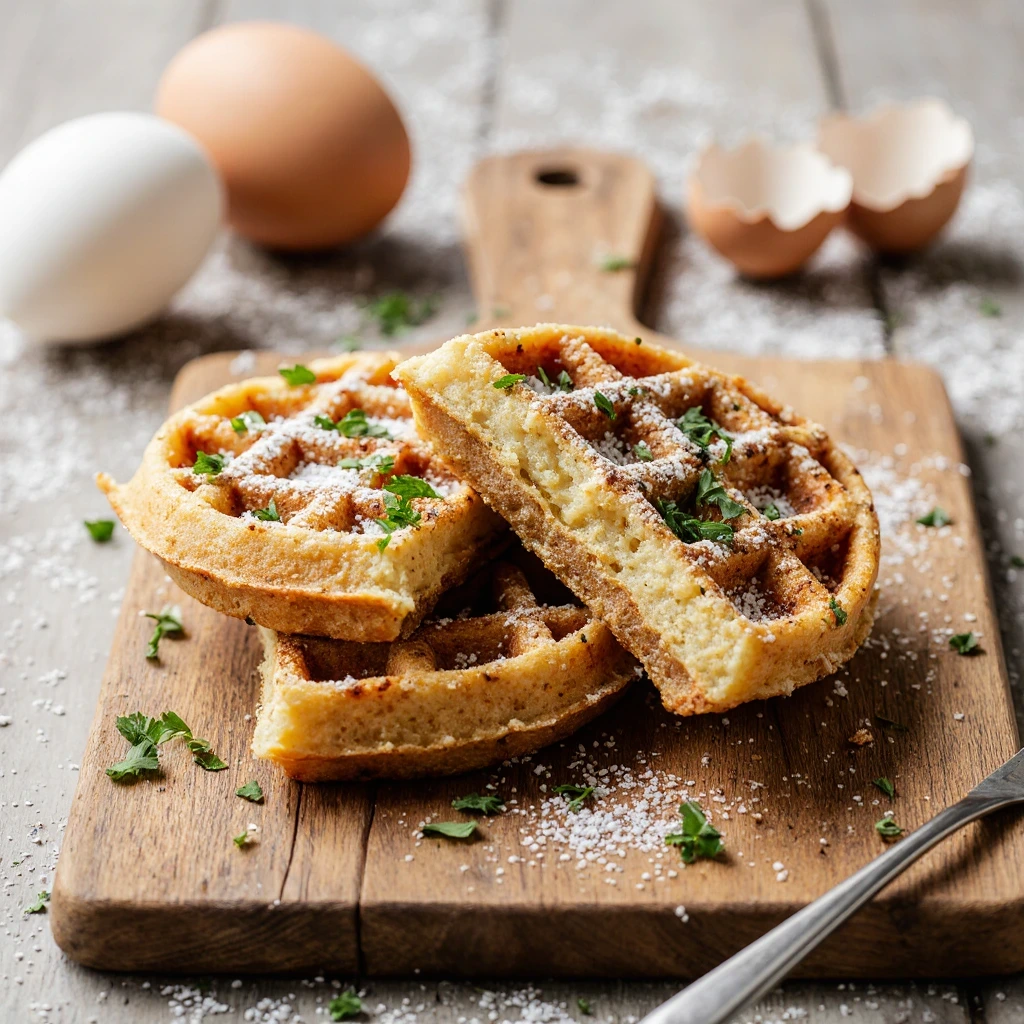Golden crispy low carb egg and cheese chaffle on white plate with melted cheese