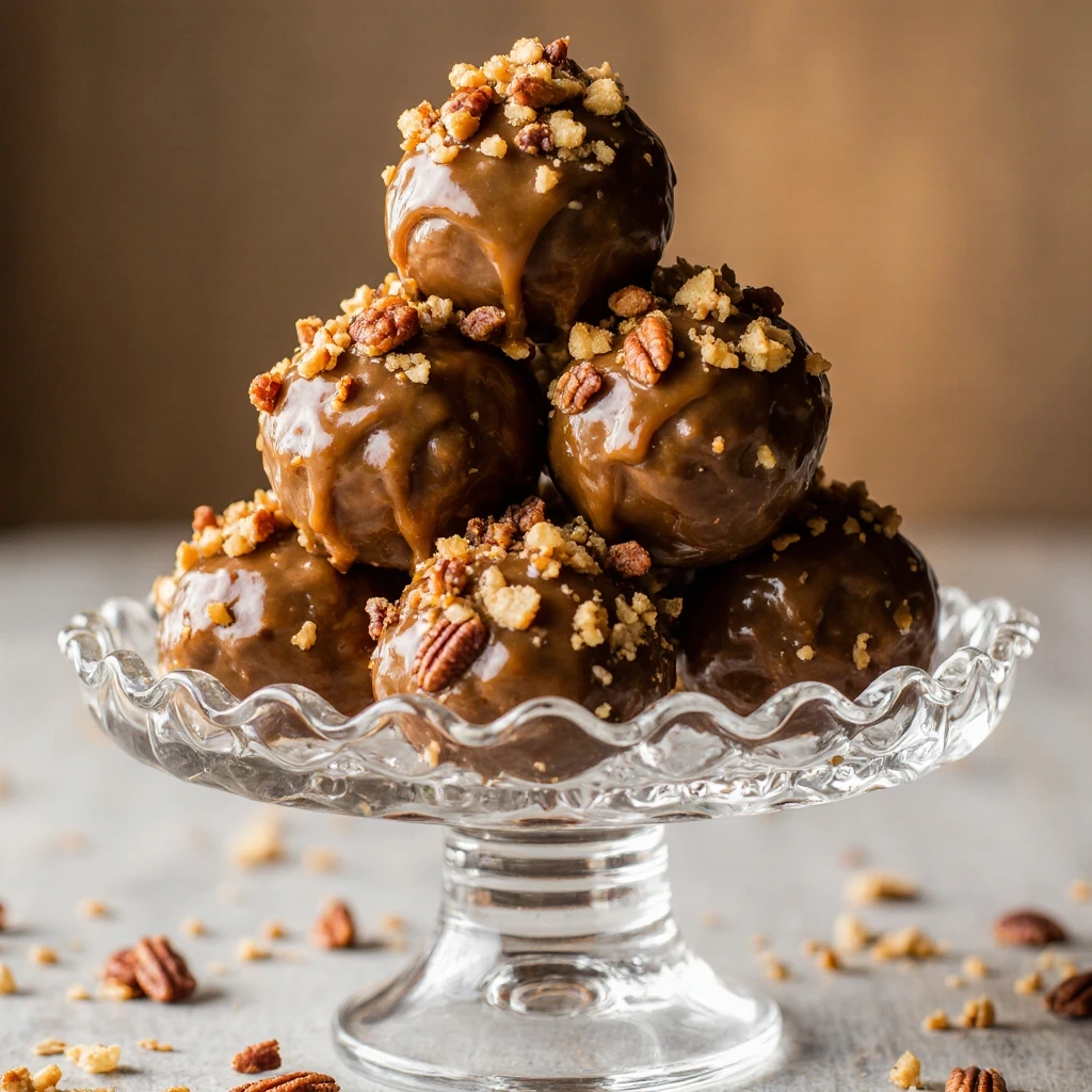 Pecan pie balls arranged on white plate with chopped pecans coating