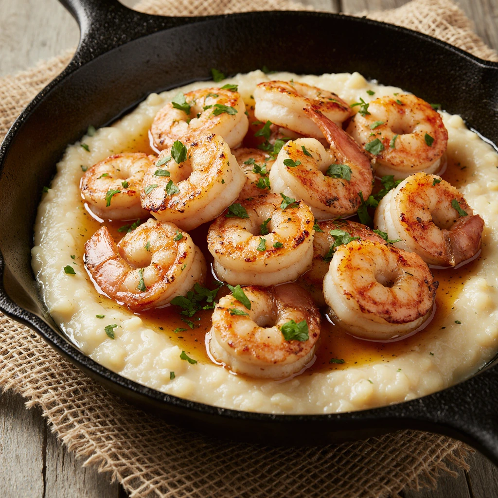 Creamy Garlic Butter Shrimp served over fluffy mashed potatoes in a rich garlic butter sauce, garnished with parsley and lemon slices — a comforting 30-minute dinner recipe.