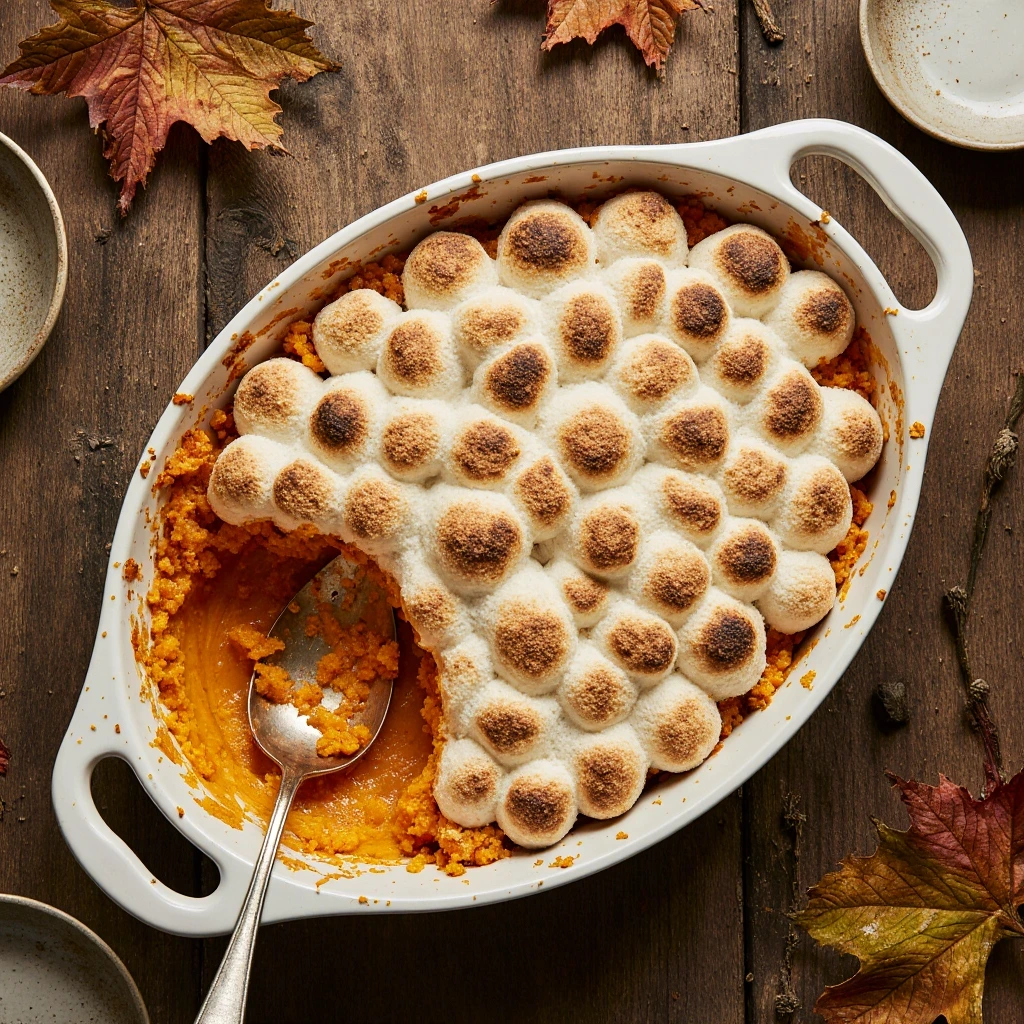 Sweet potato casserole with golden toasted marshmallows in ceramic baking dish on wooden table
