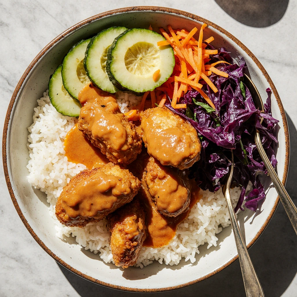 Bang Bang Chicken Bowl with crispy chicken, jasmine rice, fresh vegetables, and creamy Bang Bang sauce
