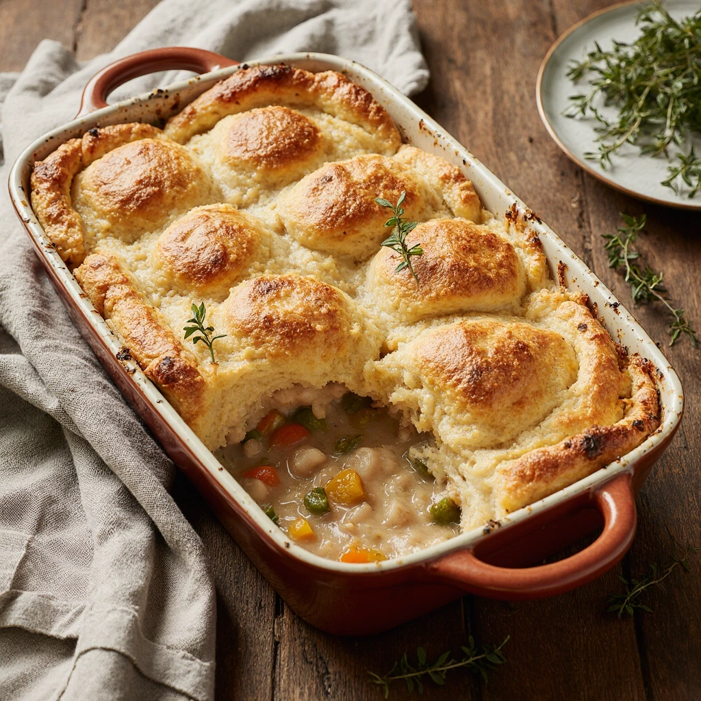 Golden chicken pot pie casserole with flaky puff pastry topping in ceramic baking dish on wooden table