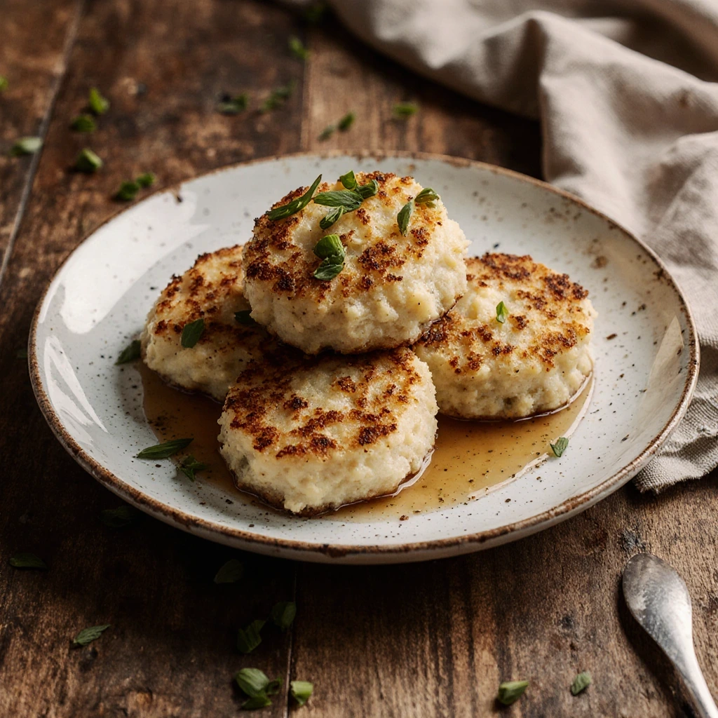 Crispy golden mashed potato cakes made with five ingredients, served on a plate with chives