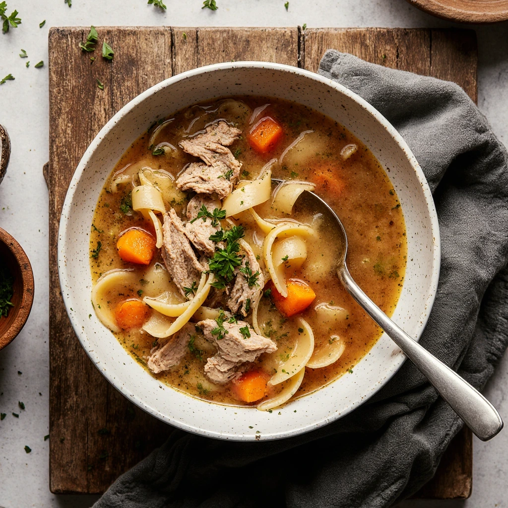 Bowl of leftover turkey noodle soup with shredded turkey, egg noodles, carrots, and celery in a warm golden broth.
