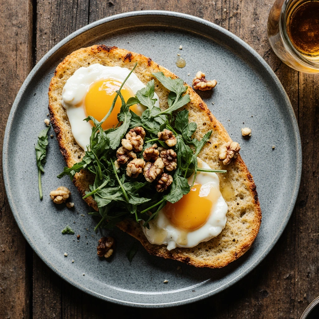 Crispy flatbread with melted Brie cheese, honey drizzle, fresh arugula and walnuts on wooden board - easy dinner recipe
