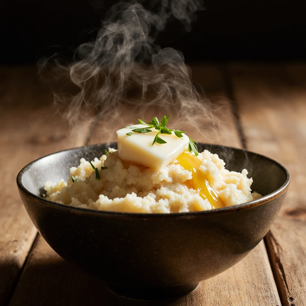Creamy mashed potatoes in bowl with melting butter and fresh chives garnish