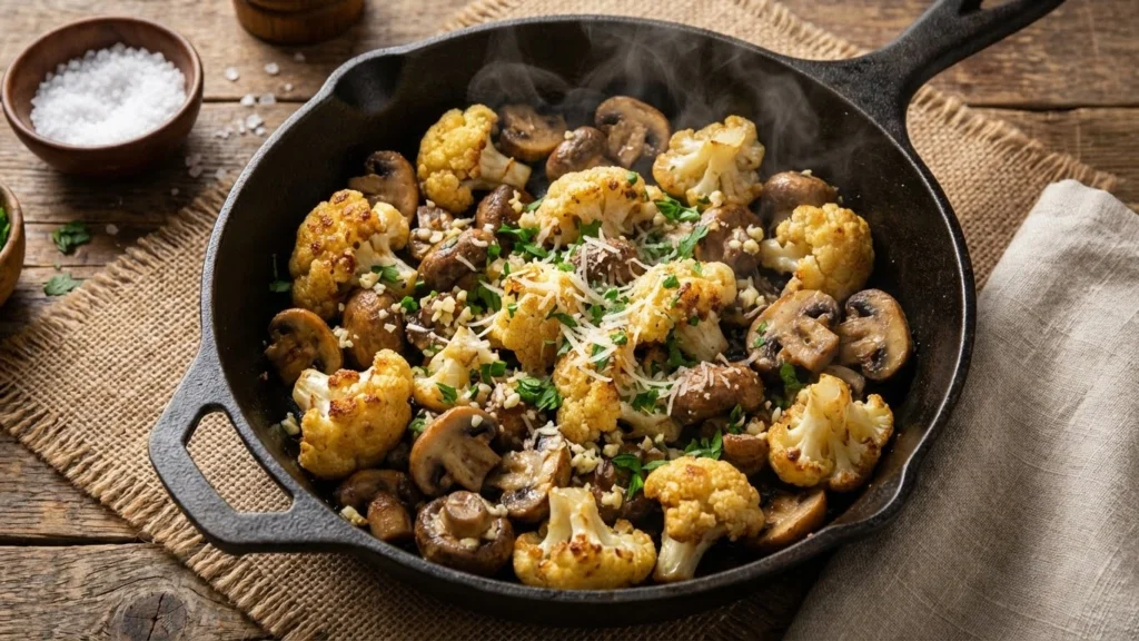 Golden-brown garlic cauliflower mushroom skillet in cast iron pan with caramelized vegetables and fresh parsley garnish