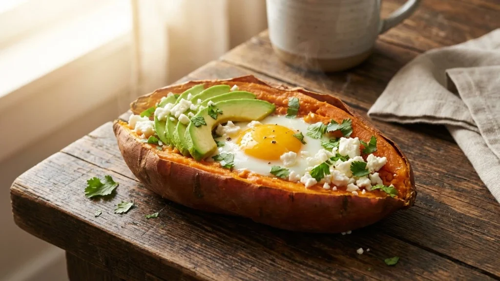 Baked breakfast sweet potato topped with fried egg, avocado slices, feta cheese and fresh cilantro on wooden table