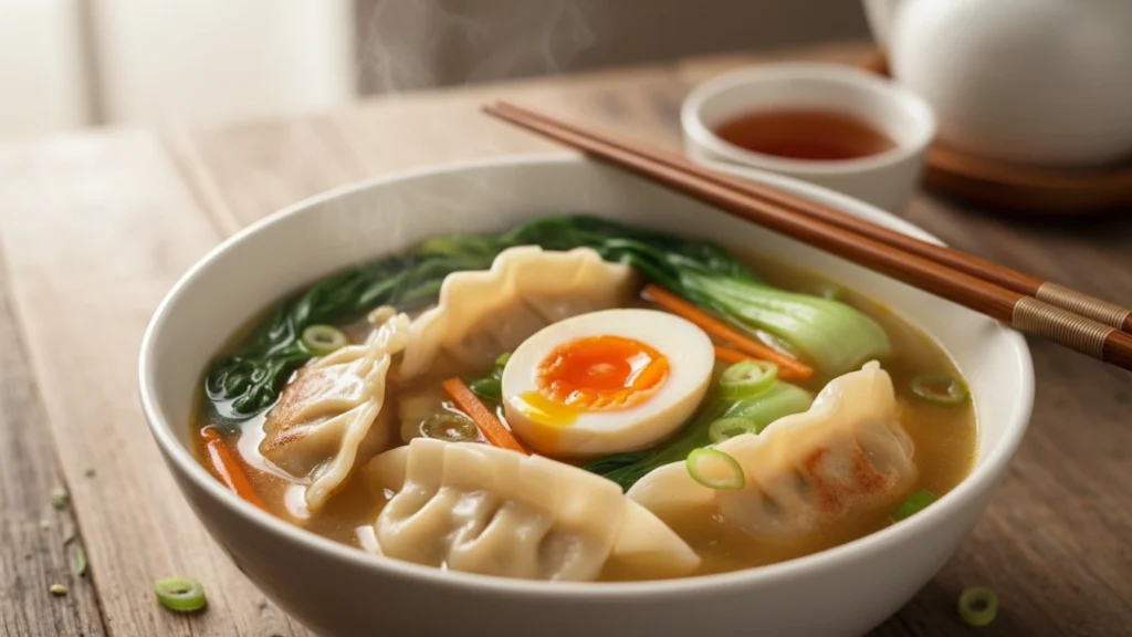 Steaming bowl of potsticker soup with dumplings, bok choy, mushrooms, and garnish on wooden table