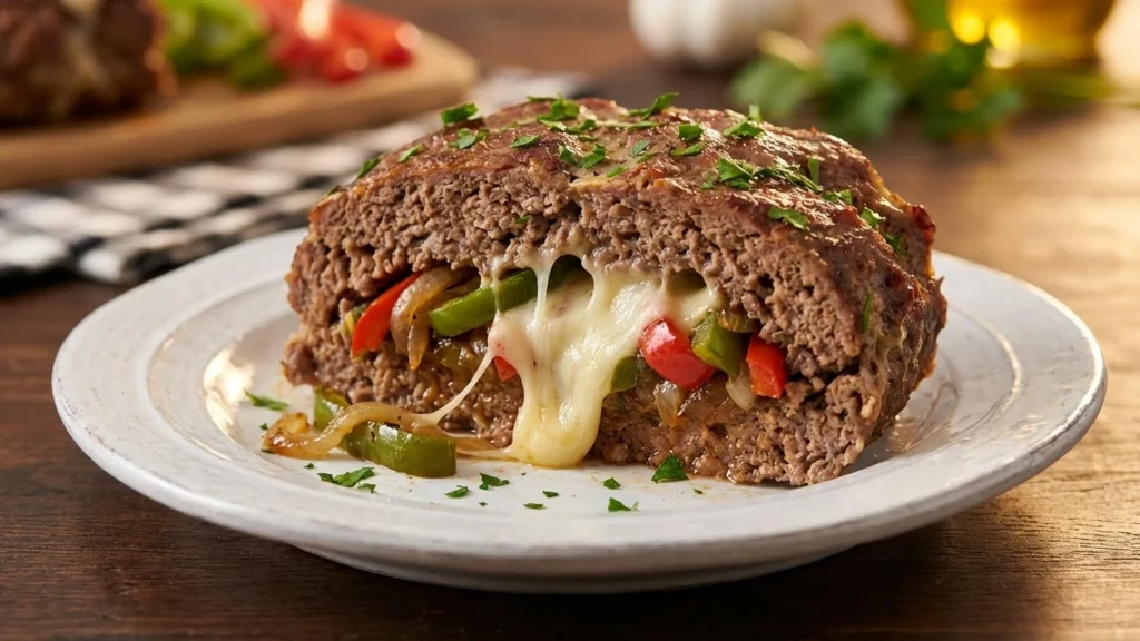 Slice of Philly cheesesteak meatloaf with melted provolone cheese on white plate