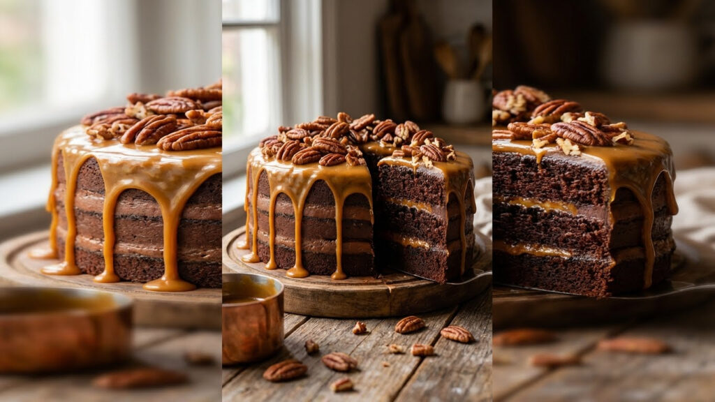 Chocolate caramel pecan cake with rich frosting, golden caramel drizzle, and toasted pecans on top showing one sliced piece