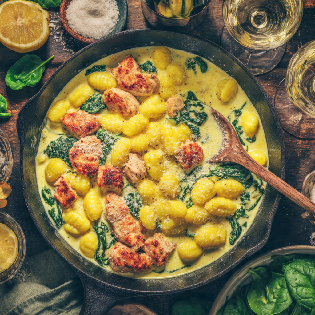 Creamy garlic chicken gnocchi skillet with golden chicken and spinach in a cast-iron pan.