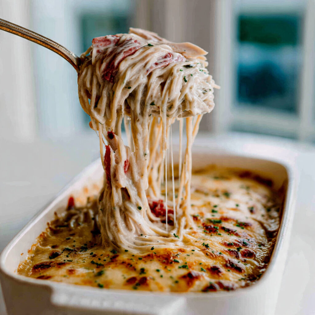 Chicken spaghetti casserole with melted cheese and golden breadcrumb topping in baking dish
