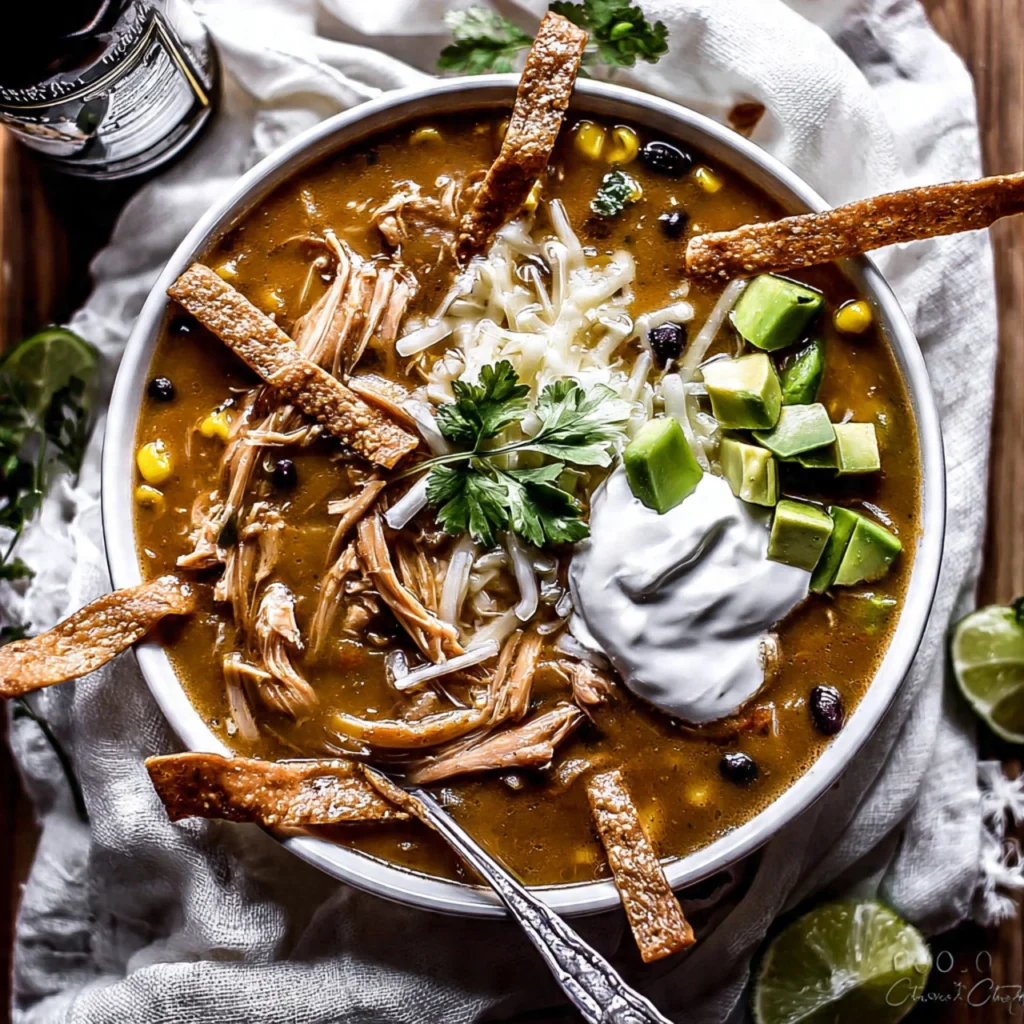 Creamy chicken enchilada soup in a bowl topped with cheese, sour cream, cilantro, avocado, and tortilla strips on wooden table