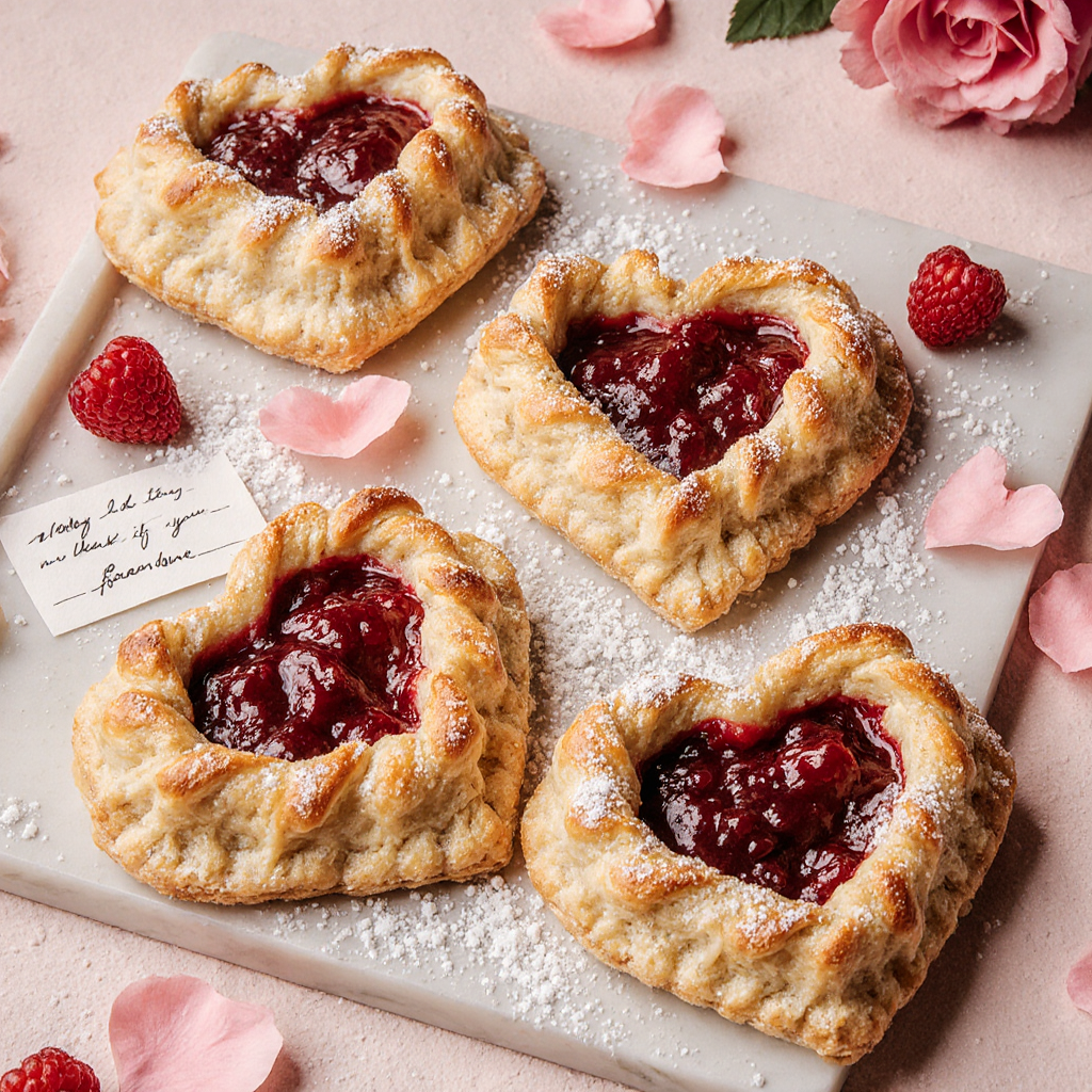 Valentines Love Letter Pastries made with flaky puff pastry and raspberry filling, folded like envelopes and topped with pink glaze.