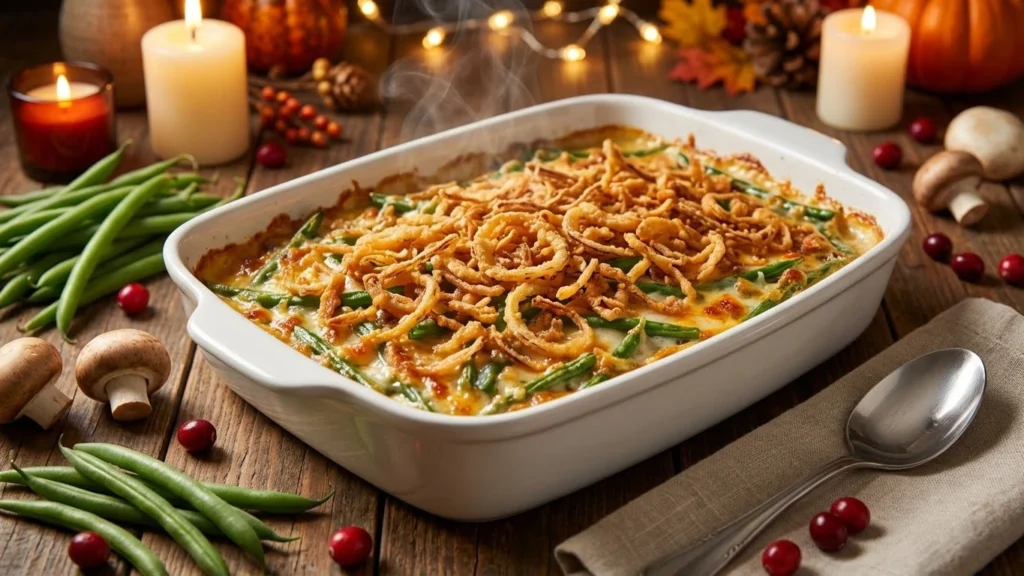 Overhead view of a golden green bean casserole topped with crispy fried onions in a white baking dish.
