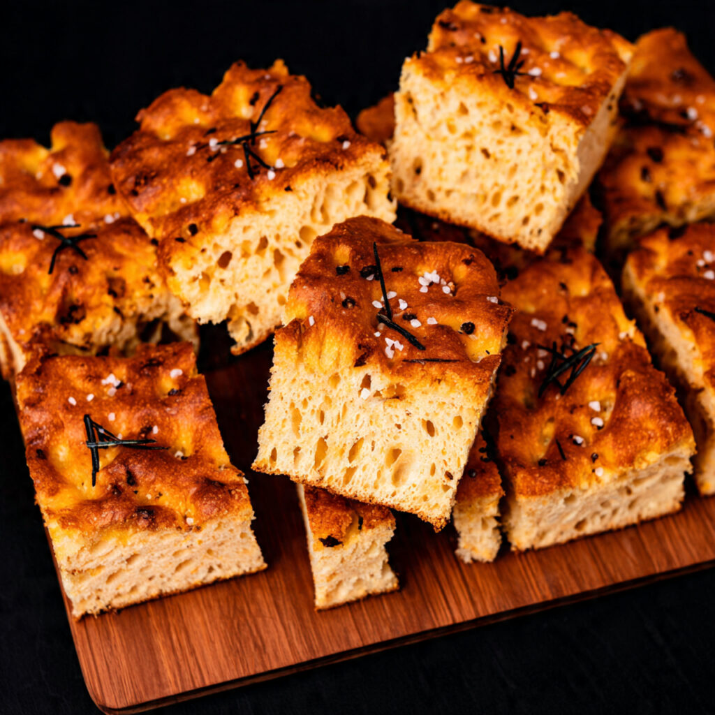 Golden brown homemade focaccia bread with rosemary and olive oil on wooden cutting board