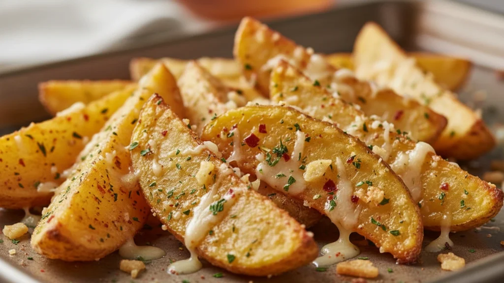 Golden crispy garlic potato wedges on a baking sheet, sprinkled with herbs and grated cheese.